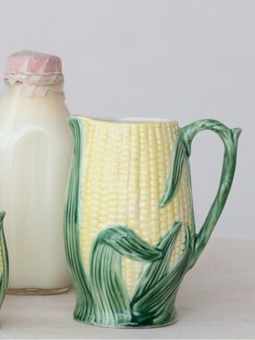 34oz Stoneware Vintage Reproduction Corn Shaped Pitcher, yellow & green